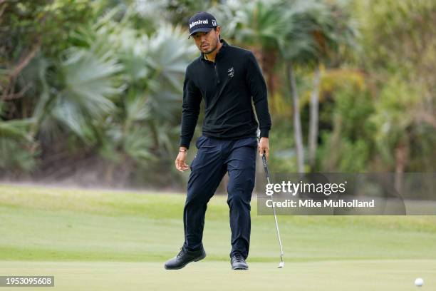 Satoshi Kodaira of Japan reacts to a putt on the 13th hole during the second round of The Bahamas Great Abaco Classic at The Abaco Cub on January 22,...