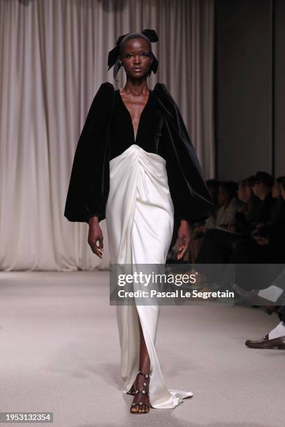 Model walks the runway during the Giambattista Valli Haute Couture Spring/Summer 2024 show as part of Paris Fashion Week on January 22, 2024 in...