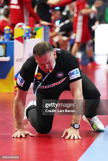 Head coach Alfred Gislason of Germany reacts during the Men's EHF Euro 2024 main round match between Germany and Hungary at Lanxess Arena on January...