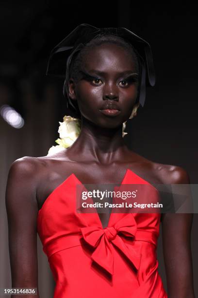 Model walks the runway during the Giambattista Valli Haute Couture Spring/Summer 2024 show as part of Paris Fashion Week on January 22, 2024 in...