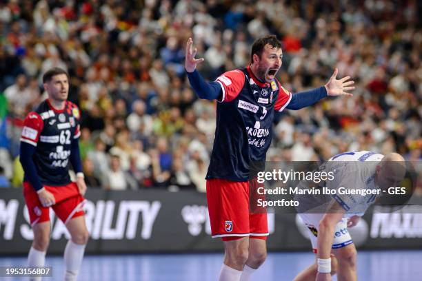 Domagoj Duvnjak of Croatia looks dejected during the Men's EHF Euro 2024 main round match between Croatia and Iceland at Lanxess Arena on January 22,...