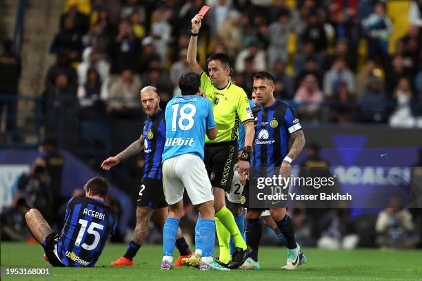 Giovanni Simeone of SSC Napoli is shown a red card by Referee Antonio Rapuano during the Italian EA Sports FC Supercup Final match between SSC Napoli...