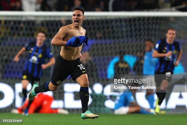 Lautaro Martinez of FC Internazionale celebrates scoring his team's first goal during the Italian EA Sports FC Supercup Final match between SSC...