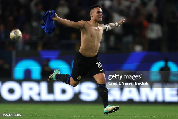 Lautaro Martinez of FC Internazionale celebrates scoring his team's first goal during the Italian EA Sports FC Supercup Final match between SSC...