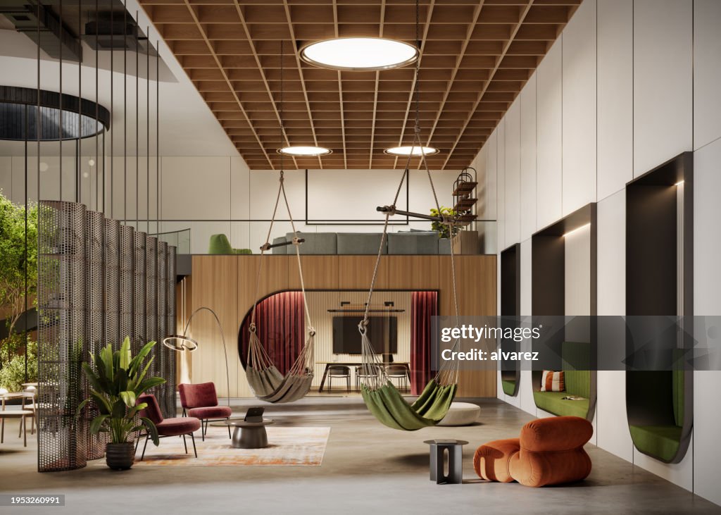3d rendering of relax zone in creative coworking office