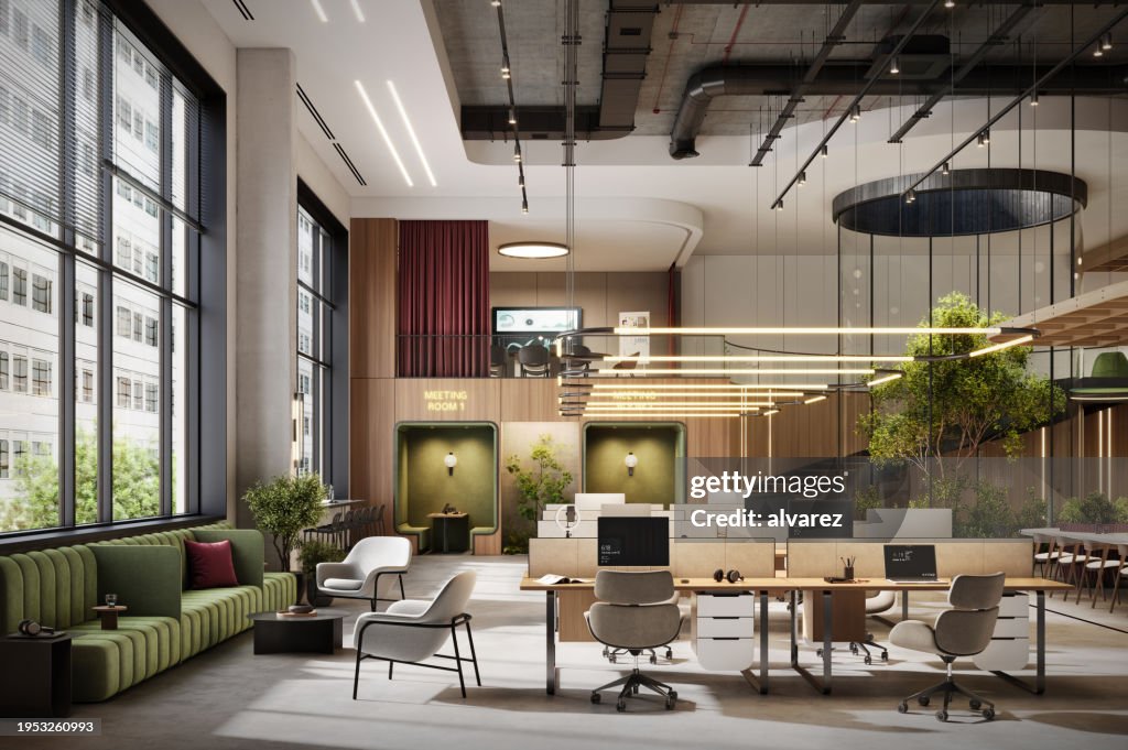3d image of large open space coworking office interior