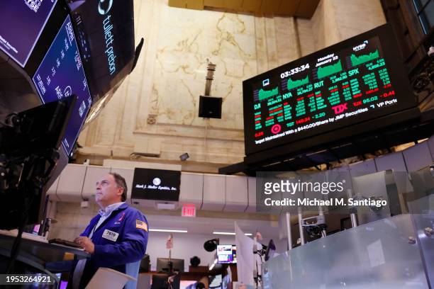 Traders work on the floor of the New York Stock Exchange during afternoon trading on January 22, 2024 in New York City. The Dow Jones and S&P both...