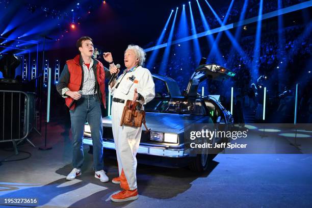 Ben Joyce and Cory English of Back to the Future perform onstage The National Lottery's Big Night of Musicals at the AO Arena. The show will air on...