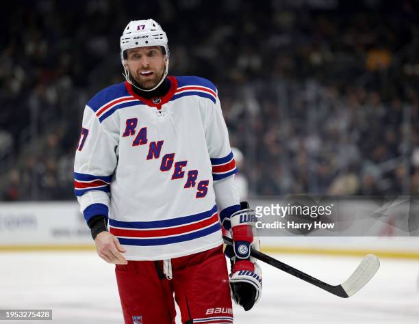 Blake Wheeler of the New York Rangers skates to the face-off circle during a 2-1 Los Angeles Kings win at Crypto.com Arena on January 20, 2024 in Los...