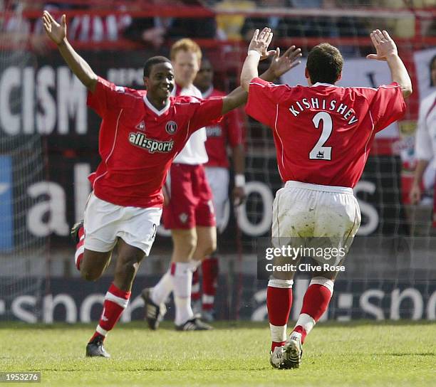 Kevin Lisbie of Charlton celebrates with team-mate Radostin Kishishev after scoring the second goal during the FA Barclaycard Premiership match...