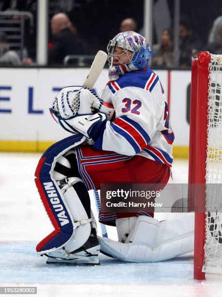 Jonathan Quick of the New York Rangers waits for the start of play during a 2-1 Los Angeles Kings win at Crypto.com Arena on January 20, 2024 in Los...