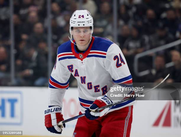 Kaapo Kakko of the New York Rangers forechecks during a 2-1 Los Angeles Kings win at Crypto.com Arena on January 20, 2024 in Los Angeles, California.