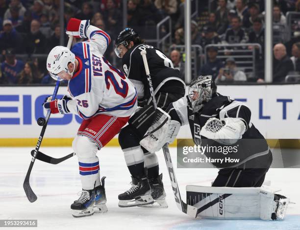 Jimmy Vesey of the New York Rangers attempts a deflection in front of Drew Doughty and David Rittich of the Los Angeles Kings during a 2-1 Kings win...