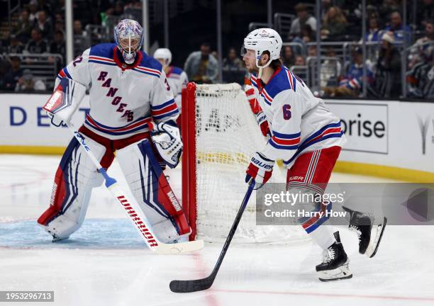 Zac Jones of the New York Rangers starts a rush in front of Jonathan Quick during a 2-1 Los Angeles Kings win at Crypto.com Arena on January 20, 2024...