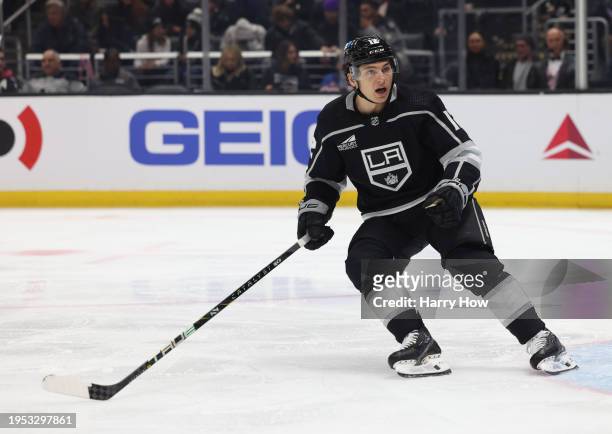 Trevor Moore of the Los Angeles Kings forechecks during a 2-1 win over the New York Rangers at Crypto.com Arena on January 20, 2024 in Los Angeles,...