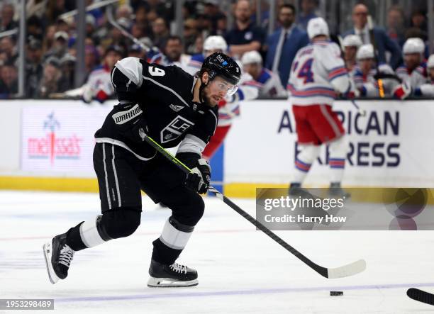 Adrian Kempe of the Los Angeles Kings skates with the puck during a 2-1 win over the New York Rangers at Crypto.com Arena on January 20, 2024 in Los...