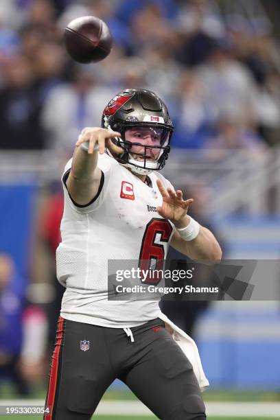 Baker Mayfield of the Tampa Bay Buccaneers plays against the Detroit Lions during a NFC Divisional Playoff game at Ford Field on January 21, 2024 in...