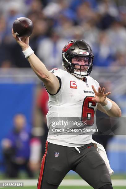 Baker Mayfield of the Tampa Bay Buccaneers plays against the Detroit Lions during a NFC Divisional Playoff game at Ford Field on January 21, 2024 in...