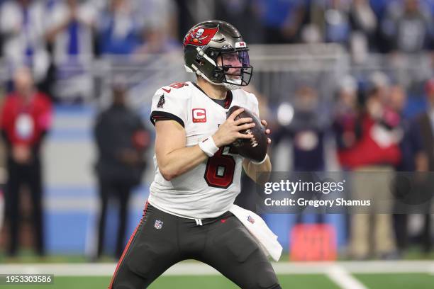 Baker Mayfield of the Tampa Bay Buccaneers plays against the Detroit Lions during a NFC Divisional Playoff game at Ford Field on January 21, 2024 in...