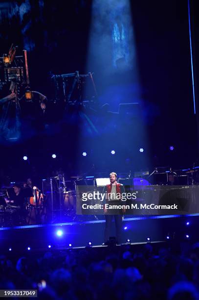 Killian Donnelly of Les Misérables performs on stage during The National Lottery's Big Night of Musicals red carpet at the AO Arena. The show will...