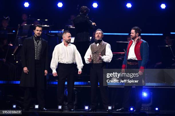 Milan van Waardenburg, Alfie Boe, Peter Jöback, and Killian Donnelly of Les Misérables perform on stage during The National Lottery's Big Night of...