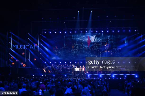 Milan van Waardenburg, Alfie Boe, Peter Jöback, and Killian Donnelly of Les Misérables perform on stage during The National Lottery's Big Night of...