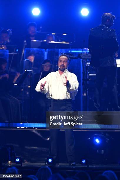 Alfie Boe of Les Misérables performs on stage during The National Lottery's Big Night of Musicals red carpet at the AO Arena. The show will air on...