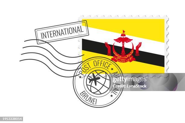 brunei postage stamp. postcard vector illustration with bruneian national flag isolated on white background. - brunei stock illustrations