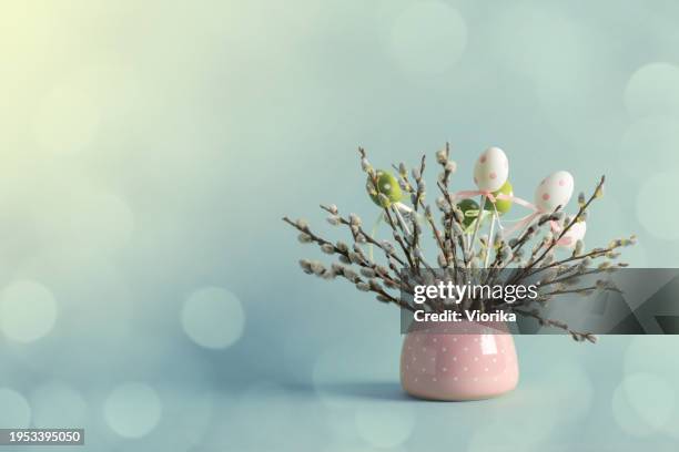 easter eggs and pussy willow twigs with catkins in a vase - pussy willow stock pictures, royalty-free photos & images