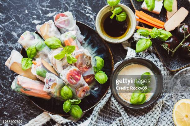 homemade vegan summer rolls - goi cuon stock pictures, royalty-free photos & images