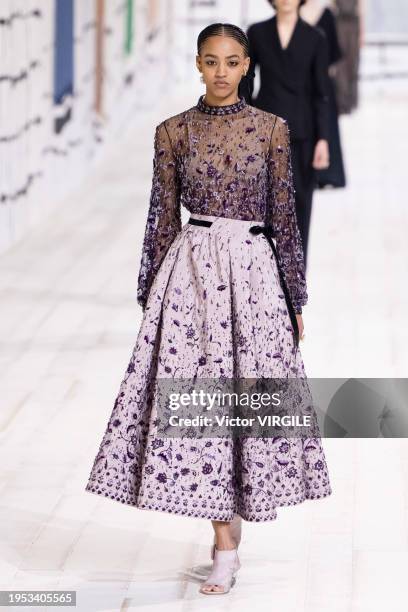 Model walks the runway during the Dior Haute Couture Spring/Summer 2024 fashion show as part of Paris Fashion Week on January 22, 2024 in Paris,...