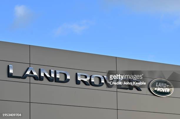 General view of Land Rover signage and logo on a dealership showroom on January 22, 2024 in Southend, United Kingdom.
