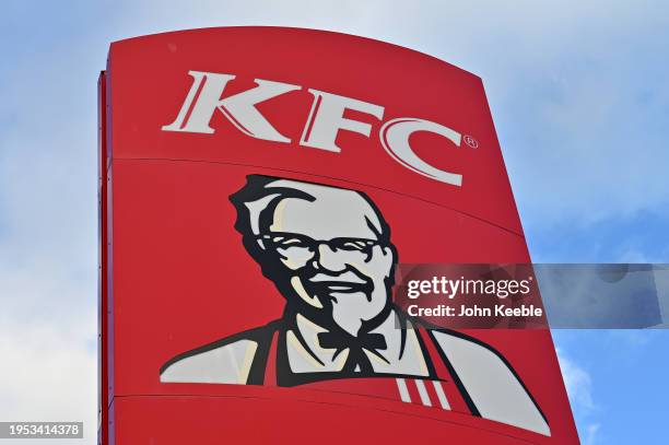 General view of a sign showing KFC, Kentucky Fried Chicken logo which depicts the portrait of the founder of the brand, Colonel Sanders on January...