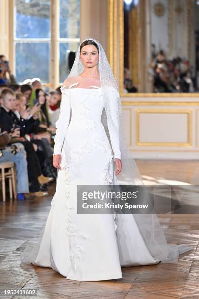 Model walks the runway during the Georges Hobeika Haute Couture Spring/Summer 2024 show as part of Paris Fashion Week on January 22, 2024 in Paris,...