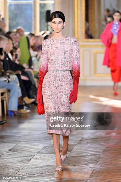 Model walks the runway during the Georges Hobeika Haute Couture Spring/Summer 2024 show as part of Paris Fashion Week on January 22, 2024 in Paris,...