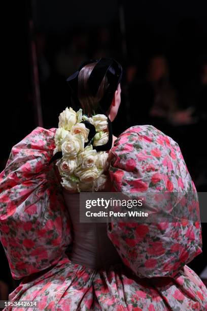 Model, hair detail, walks the runway during the Giambattista Valli Haute Couture Spring/Summer 2024 show as part of Paris Fashion Week on January 22,...