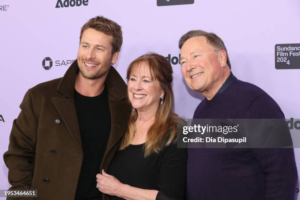 Glen Powell, Cyndy Powell and and Glen Powell Sr. Attend the "Hit Man" Premiere during the 2024 Sundance Film Festival at Eccles Center Theatre on...