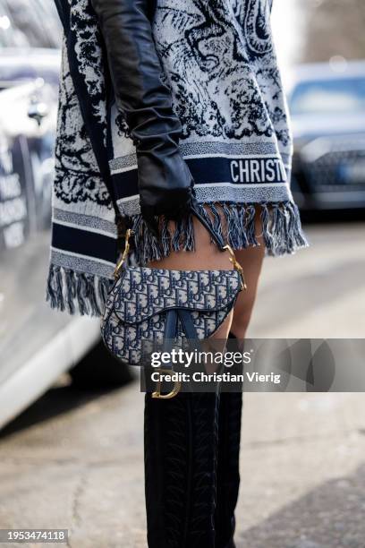 Salome Chaboki wears Toile de Jouy Sauvage Poncho with hood Dior, mini Saddle Bag Dior, white shirt Mango, long black leather gloves Mango, Cowboy...