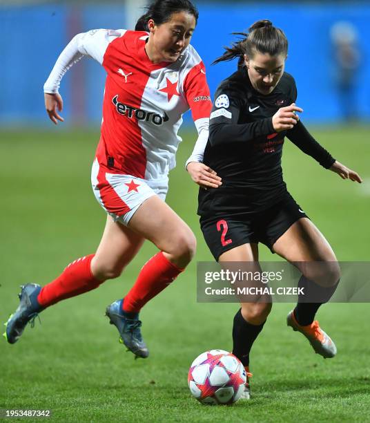 Slavia Prague's Michelle Xiao and Brann Bergen's Cecilie Kvamme vie for the ball during the UEFA Women's Champions League Group B football match...
