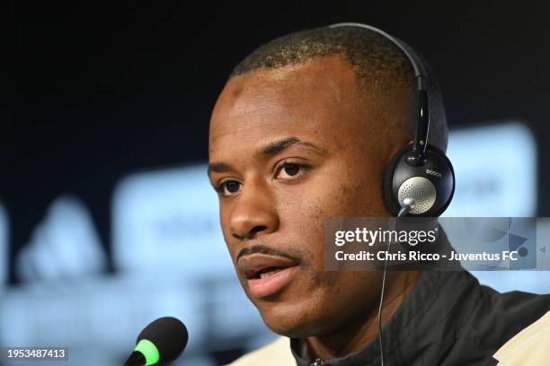 Juventus New Signing Tiago Djalo speaks during a Press Conference at Allianz Stadium on January 25, 2024 in Turin, Italy.