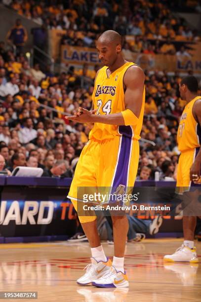 Kobe Bryant of the Los Angeles Lakers looks on against the Phoenix Suns in Game One of the Western Conference Finals during the 2010 NBA Playoffs at...