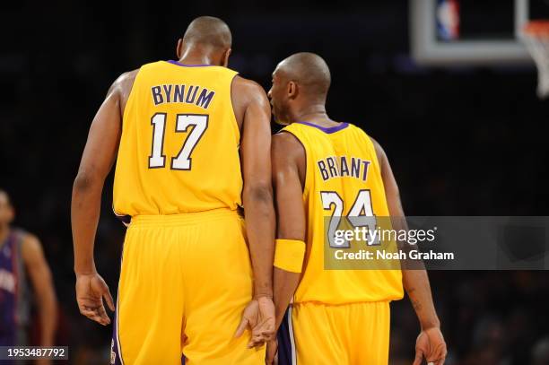 Andrew Bynum and Kobe Bryant of the Los Angeles Lakers chats against the Phoenix Suns in Game One of the Western Conference Finals during the 2010...