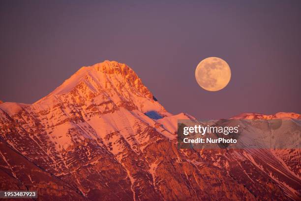 Wolf moon rising next to Corno Grande and Pizzo Cefalone peaks is seen from Tornimparte , Italy, on January 25th, 2024. Wolf Moon is the initial full...