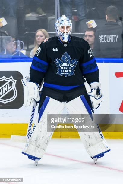 Toronto Maple Leafs Goalie Martin Jones during warmup before the NHL regular season game between the Winnipeg Jets and the Toronto Maple Leafs on...