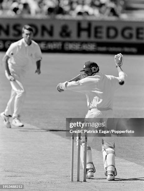 England captain Mike Atherton is caught behind for 4 runs off the bowling of Glenn McGrath of Australia on day two of the 5th Test match between...