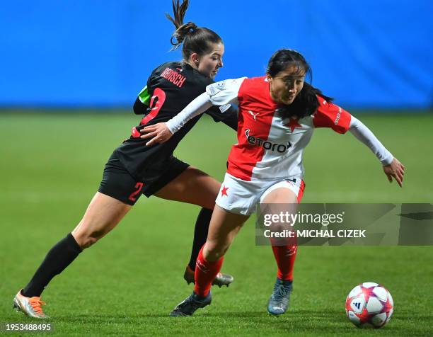 Slavia Prague's Michelle Xiao and Brann Bergen's Cecilie Kvamme vie for the ball during the UEFA Women's Champions League Group B football match...