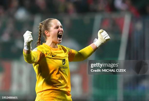 Brann Bergen's goalkeeper Aurora Mikalsen celebrates after the opening goal during the UEFA Women's Champions League Group B football match between...