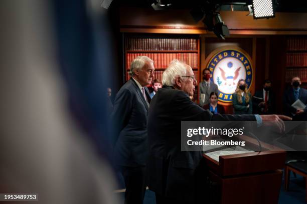 Senator Bernie Sanders, an independent from Vermont, center right, and Senator Ed Markey, a Democrat from Massachusetts, during a news conference at...