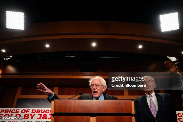 Senator Bernie Sanders, an independent from Vermont, left, and Senator Ed Markey, a Democrat from Massachusetts, during a news conference at the US...