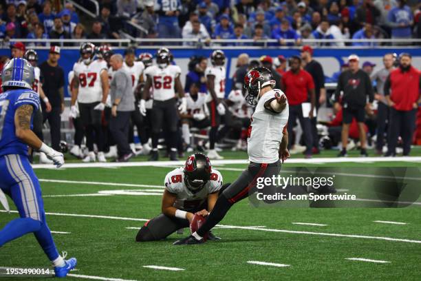Tampa Bay Buccaneers place kicker Chase McLaughlin kicks a field goal during an NFL NFC Divisional playoff football game between the Tampa Bay...